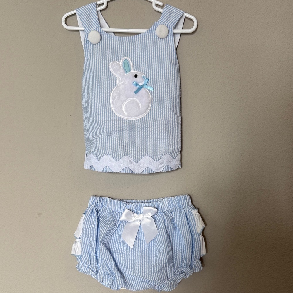 Baby Girl Easter 2 pc Blue Seersucker Set  Bunny Design and Ruffle Bottom 18-24